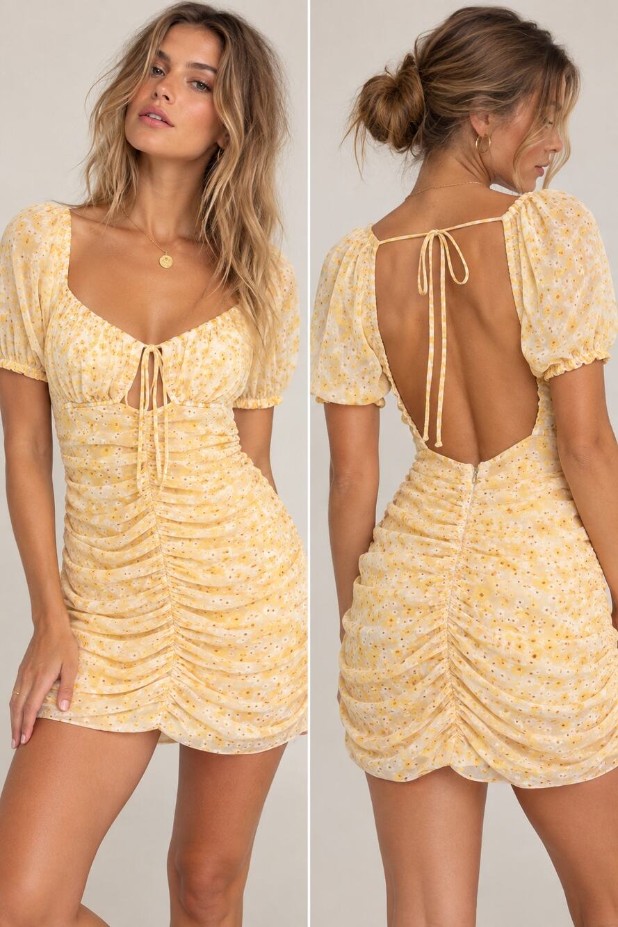 Free People Tessa Ruched Daisy Dress L Yellow Floral Cutout Puff Sleeve